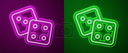 Illustration for Glowing neon line Game dice icon isolated on purple and green background. Casino gambling.  Vector. - Royalty Free Image