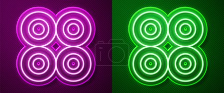 Leuchtendes neonfarbenes Skateboard-Rad-Symbol isoliert auf lila und grünem Hintergrund. Schlittschuhrad. Vektor
