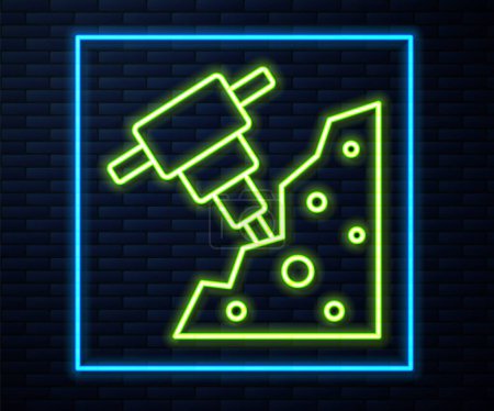 Illustration for Glowing neon line Construction jackhammer and stone icon isolated on brick wall background.  Vector - Royalty Free Image
