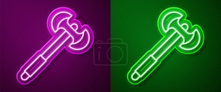 Glowing neon line Medieval poleaxe icon isolated on purple and green background.  Vector