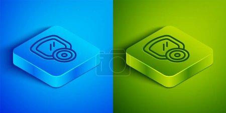 Isometric line Gas mask icon isolated on blue and green background. Respirator sign. Square button. Vector