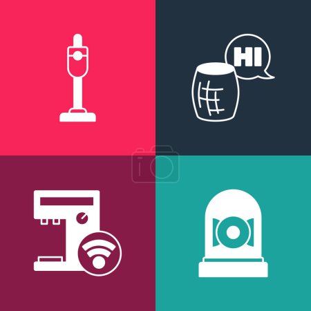 Set pop art Ringing alarm bell, Smart coffee machine, Voice assistant and Vacuum cleaner icon. Vector