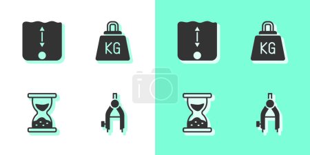 Illustration for Set Drawing compass, Depth measurement, Old hourglass with sand and Weight icon. Vector - Royalty Free Image