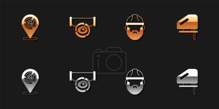 Set Wooden logs, Two-handed saw and, Lumberjack and Electric jigsaw icon. Vector
