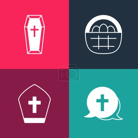 Set pop art Christian cross, Pope hat, Basket with easter eggs and Coffin icon. Vector