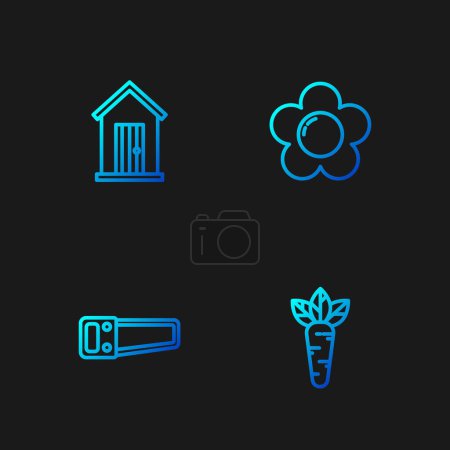 Set line Carrot, Hand saw, Farm house and Flower. Gradient color icons. Vector
