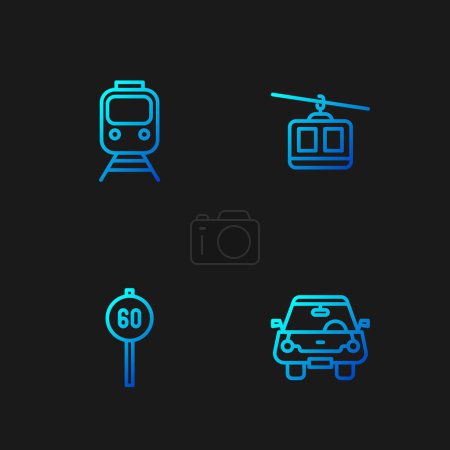 Set line Car, Speed limit traffic, Train and railway and Cable car. Gradient color icons. Vector