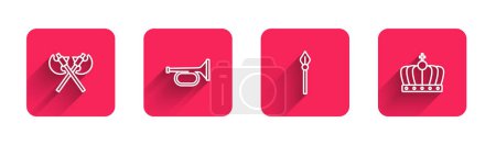 Set line Crossed medieval axes, Trumpet, Medieval spear and King crown with long shadow. Red square button. Vector