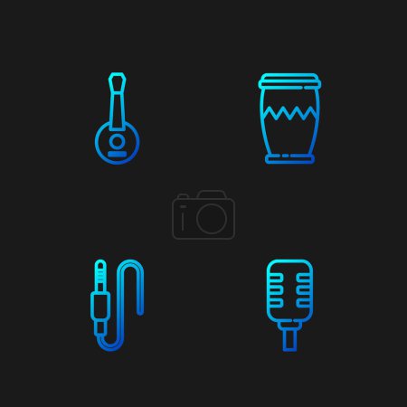 Ilustración de Establecer línea de micrófono, jack de audio, Banjo y tambor. Iconos de color degradado. Vector - Imagen libre de derechos