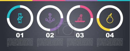 Set line Decree, parchment, scroll, Anchor, Bottle with message in water and Bomb ready to explode. Business infographic template. Vector