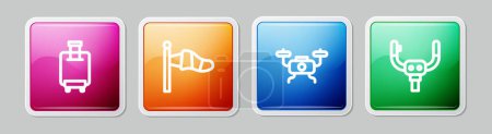 Set line Suitcase, Cone meteorology windsock, Drone flying and Aircraft steering helm. Colorful square button. Vector