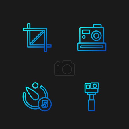 Set line Action-Kamera, Kamera-Timer, Foto zuschneiden und Foto. Farbverlauf-Symbole. Vektor