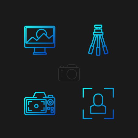 Establecer línea Línea de marco de enfoque de cámara, Cámara fotográfica, retoque y trípode. Iconos de color degradado. Vector