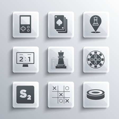 Set Tic tac toe game, Checker chips, Casino roulette wheel, Chess, Bingo, Sport mechanical scoreboard, Tetris and  icon. Vector