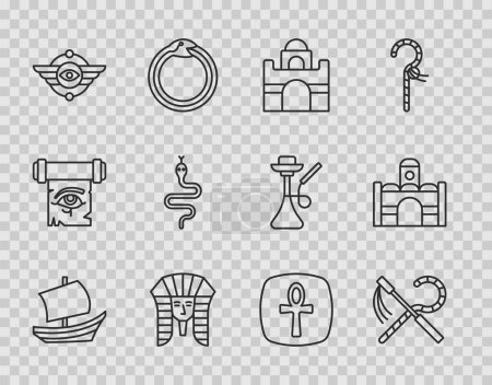 Establecer línea barco egipcio, Crook y flagelo, casa, faraón, símbolo sol alado, Serpiente, Cruz de ankh y el icono. Vector
