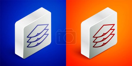 Isometric line Layers clothing textile icon isolated on blue and orange background. Element of fabric features. Silver square button. Vector.