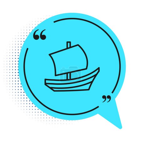 Black line Egyptian ship icon isolated on white background. Egyptian papyrus boat. Blue speech bubble symbol. Vector