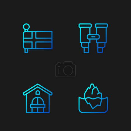 Set line Iceberg, Farm house, Flag of Iceland and Binoculars. Gradient color icons. Vector