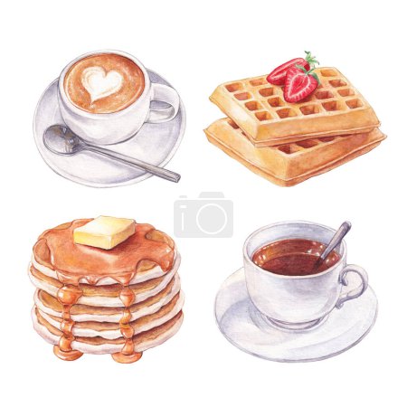 Watercolor breakfast set. Hand drawn cup of tea, latte coffee, pancakes with maple syrup and waffles on a white
