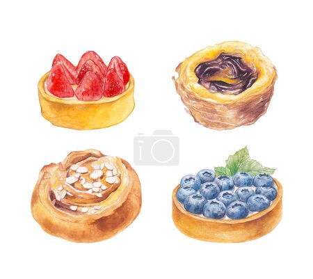 Photo for Watercolor mini berry tart, bun and pastel de nata. Hand drawn set of desserts - Royalty Free Image