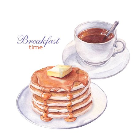 Illustration aquarelle de crêpes au sirop d'érable et beurre, tasse de thé. Petit déjeuner sucré