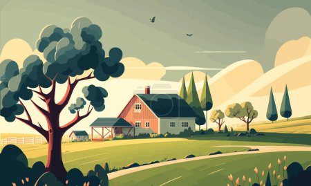 Illustration for Beautiful illustration House outside the city. Stylized, sunny summer day, nature. fresh air, comfort, farm, countryside, clouds, sky. Creativity concept. Vector illustration. - Royalty Free Image