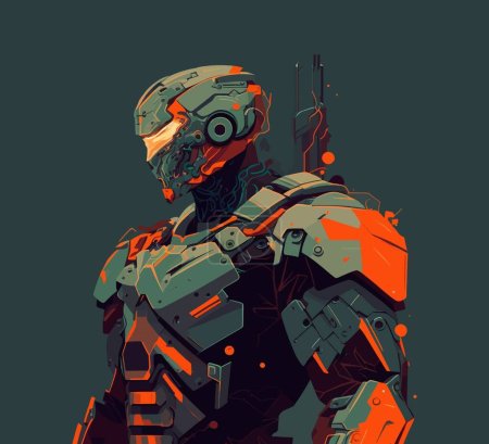 Military robot. Future, profile, dark, author, equipment, technology, armor, futuristic, protection, glasses, bravery, audacity, conflict, cyborg, uniform. art concept. vector illustration
