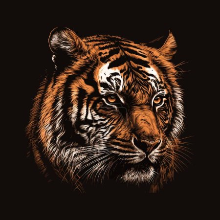 Illustration for Terrible tiger. Detailed, predator, bright saturated colors, dark background, hunter, leader, cat, business, character, profile, danger, eyes, talisman. artistic concept. vector illustration - Royalty Free Image