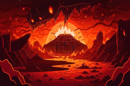 Hell. red color scheme. minimalism, underworld, hell, demons, religion, game, poster, wallpaper, magma, burn, evil, fantasy, caves, lava, catastrophe, eruption. faith concept. Vector illustration