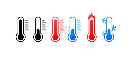 Téléchargez les illustrations : Thermomètre. Plat, couleur, thermomètre montre la température, différentes températures. Icônes vectorielles. - en licence libre de droit