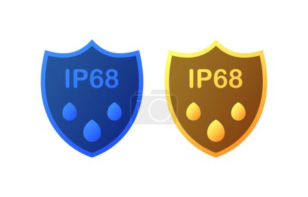 Téléchargez les illustrations : Norme de protection IP68. Icône plate, couleur, bouclier, icône de sécurité IP68. Icônes vectorielles - en licence libre de droit