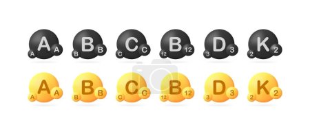 Illustration for Vitamin A, B, C, B12, D3, K2 icons. Different styles, healthy life, vitamins for health, vitamins. Vector icons - Royalty Free Image