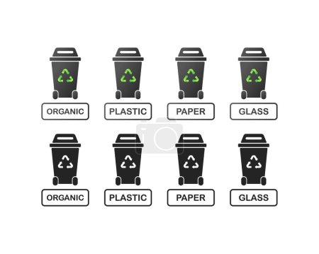 Ilustración de Urnas para varias basuras. Diferentes estilos, urnas bio, urnas para orgánico, plástico, papel y vidrio. Iconos vectoriales - Imagen libre de derechos