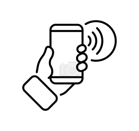 Handy-Ikone. Linear, schwarz, Telefon in der Hand, Ton am Telefon. Vektorsymbol