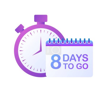 Stopwatch and calendar. Flat, purple, 8 days to go, countdown stopwatch, days to go calender. Vector illustration