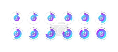 Timer icons. Flat, color, minutes countdown, countdown timer. Vector icons