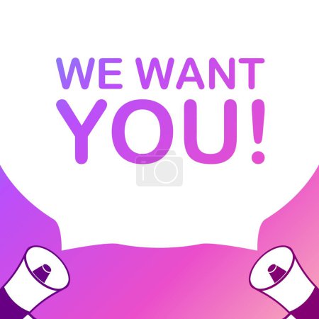 Illustration for We want you sign. Flat, purple, megaphone icons, we want you. Vector icon - Royalty Free Image