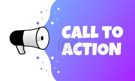 Appel à l'action. Plat, violet, texte d'un mégaphone, appel à l'action signe, appel à l'action. Icône vectorielle