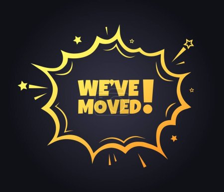 We've moved sign. Flat, yellow, explosion sign, we've moved sign. Vector icon