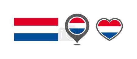 Ilustración de Bandera de los Países Bajos. Bandera en forma de rectángulos, marcas de ubicación, corazones. Bandera nacional neerlandesa para el diseño de selección de idiomas. Iconos vectoriales - Imagen libre de derechos