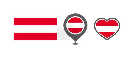 Nationalflagge der Austria. Flagge in Form von Rechtecken, Ortsmarken, Herzen. Österreich Nationalflagge für Sprachauswahl Design. Vektorsymbole