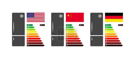 Ilustración de Clasificación de letras de refrigeradores. Plano, color, banderas nacionales de América, China, Alemania. Clasificación de letras de refrigeradores. Iconos vectoriales - Imagen libre de derechos