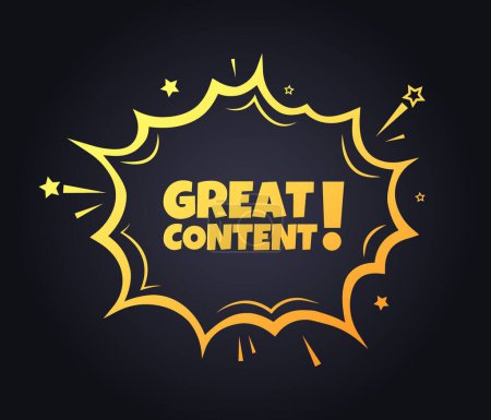 Illustration for Great content sign. Flat, yellow, explosion sign, great content sign. Vector icon - Royalty Free Image
