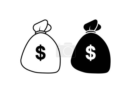 Téléchargez les illustrations : Sacs d'argent icônes. Silhouette, noir, signes du dollar, sacs d'argent. Icônes vectorielles - en licence libre de droit