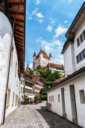 The view of Thun Castle and small road alleyway in Thun, Switzerland. Taken on May 27th 2024
