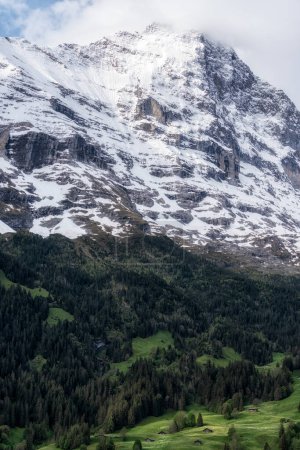 Eiger mountain captured up close famous landmark in Grindelwald, Switzerland.