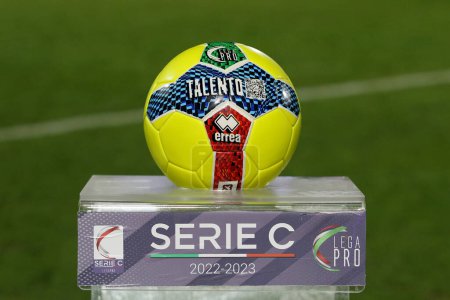 Photo for Close-up of the official ball, yellow winter version, of the Italian Serie C Lega Pro. Italian football. Italy. High quality photo - Royalty Free Image