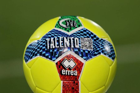 Photo for Close-up of the official ball, yellow winter version, of the Italian Serie C Lega Pro. Italian football. Italy. High quality photo - Royalty Free Image