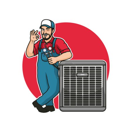 Téléchargez les illustrations : HVAC service mascotte dessin animé personnage conception illustration vecteur - en licence libre de droit