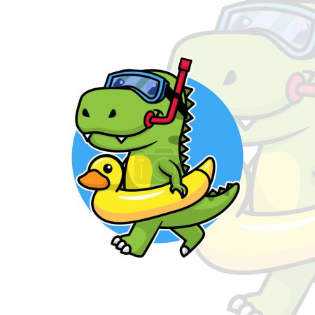 Ilustración de Lindo dinosaurio con anillo inflable y diseño de dibujos animados de buceo googles - Imagen libre de derechos